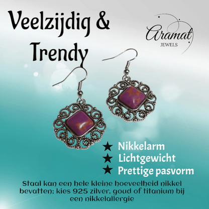 Boho Oorhangers met Paarse Gemarmerde Steen - oor6026 - Oorhangers kopen# - 45mm - alles - bali