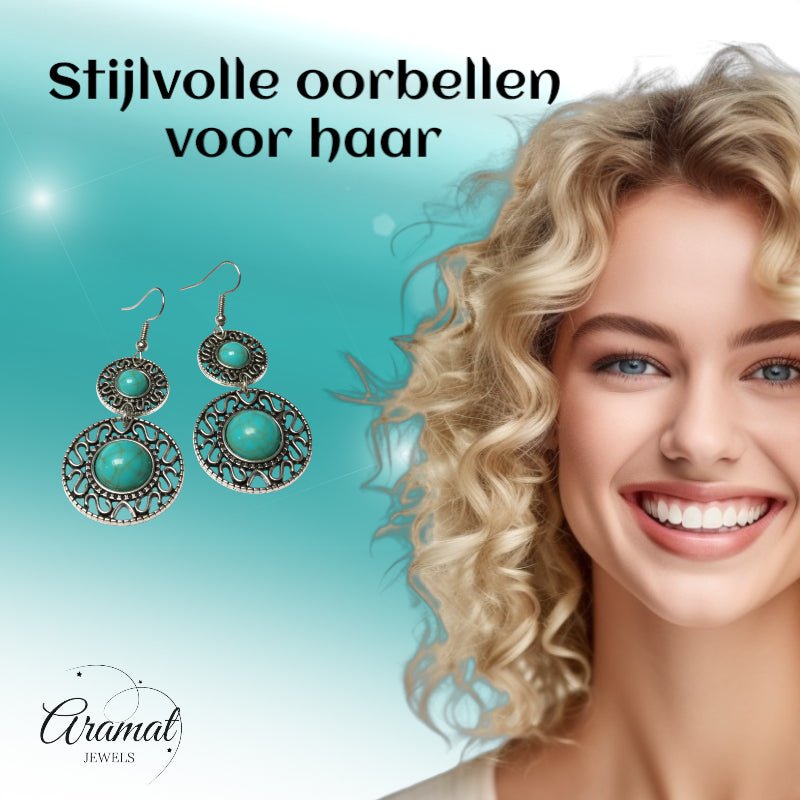 Boho Oorhangers Turquoise Steen 62mm - Aramat Jewels - Oorhangers - cadeautip