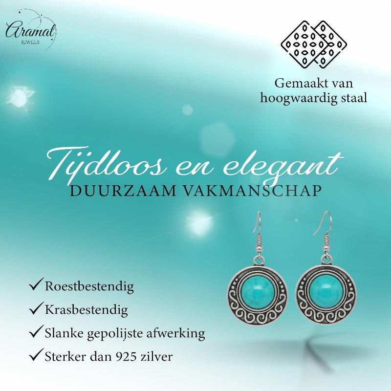 Boho Turquoise Gemarmerde Oorhangers Antiek Zilver - Aramat Jewels - Oorhangers - cadeautip