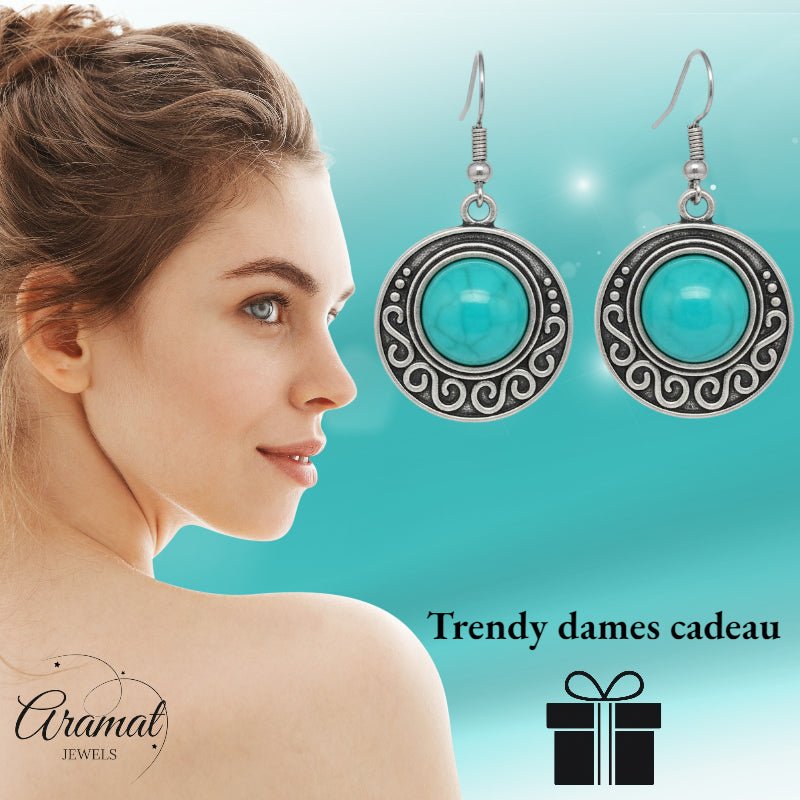 Boho Turquoise Gemarmerde Oorhangers Antiek Zilver - Aramat Jewels - Oorhangers - cadeautip
