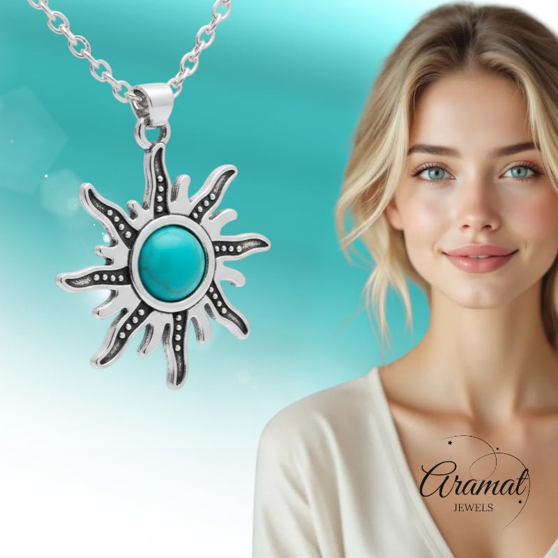 Boho Zonne Halsketting met Turquoise steen - Aramat Jewels - Halskettingen - cadeautip