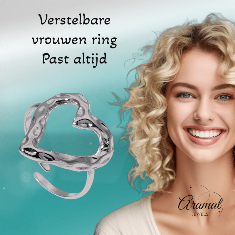 Brede Damesring Verstelbaar – Groot Open Hartje – One Size - ring322 - 73895 - Ringen kopen# - Zilverkleur - alles - boho