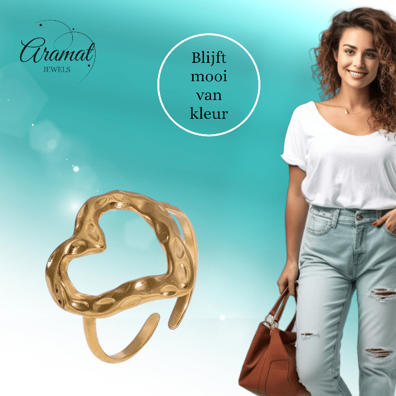 Brede Damesring Verstelbaar – Groot Open Hartje – One Size - ring327 - 73903 - Ringen kopen# - Goudkleur - alles - boho