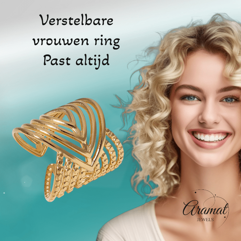 Brede Damesring Verstelbaar – Open Ring met Lijnen – 23 mm - ring321 - 240116 - Ringen kopen# - Goudkleur - alles - boho