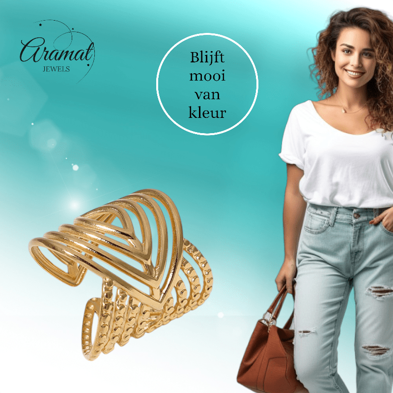 Brede Damesring Verstelbaar – Open Ring met Lijnen – 23 mm - ring321 - 240116 - Ringen kopen# - Goudkleur - alles - boho