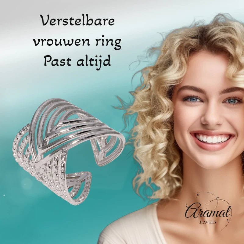 Brede Damesring Verstelbaar – Open Ring met Lijnen – 23 mm - ring342 - Ringen kopen# - Zilverkleur - alles - boho