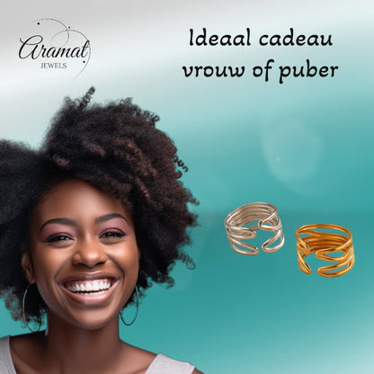 Brede One Size Ring RVS met Modern Lijnenspel (14 mm) - Aramat Jewels - Ringen - cadeautip