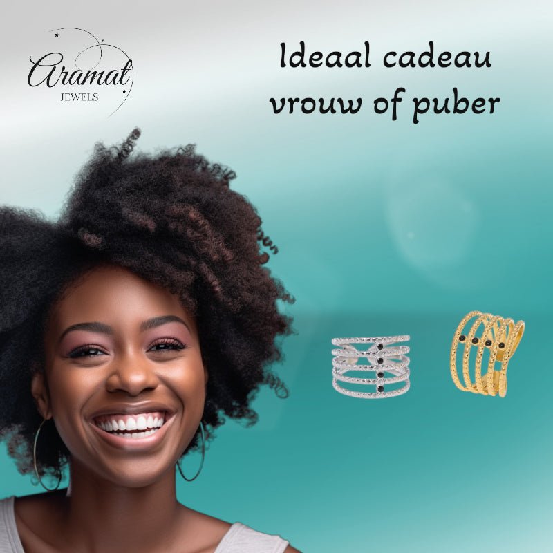 Brede Open Ring RVS met Bolletjesmotief en 5 Emaille Puntjes (16 mm) - Aramat Jewels - Ringen - cadeautip