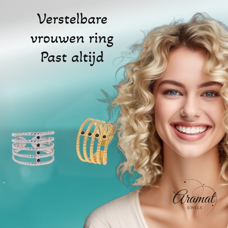 Brede Open Ring RVS met Bolletjesmotief en 5 Emaille Puntjes (16 mm) - Aramat Jewels - Ringen - cadeautip
