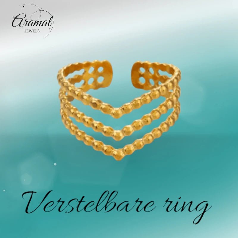 Brede Stalen verstelbare ring - V shape met bolletjes motief - ring231 - Ringen kopen# - Goudkleur - alles - bolletjes