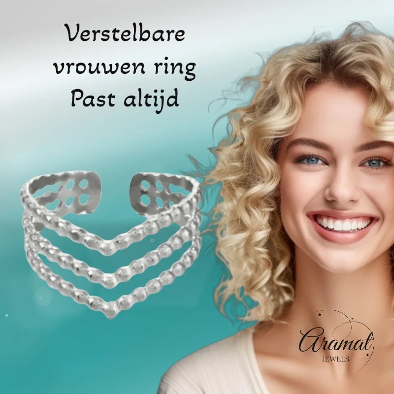 Brede Stalen verstelbare ring - V shape met bolletjes motief - ring231 - Ringen kopen# - Goudkleur - alles - bolletjes