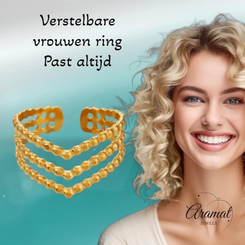 Brede Stalen verstelbare ring - V shape met bolletjes motief - ring231 - Ringen kopen# - Goudkleur - alles - bolletjes