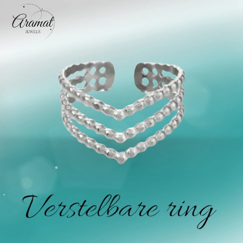 Brede Stalen verstelbare ring - V shape met bolletjes motief - ring231 - Ringen kopen# - Goudkleur - alles - bolletjes