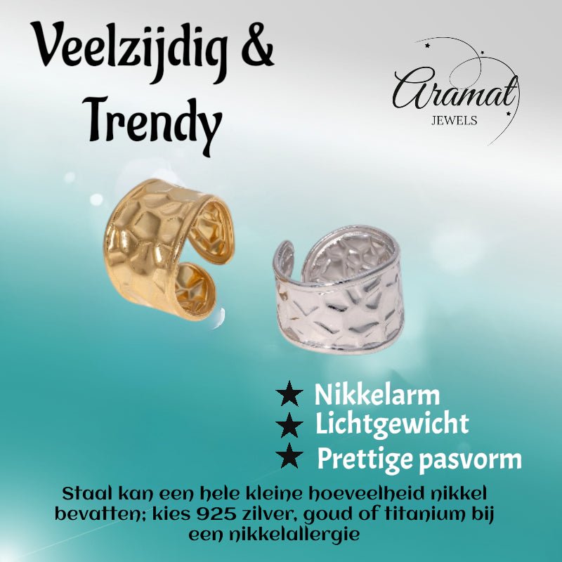 Brede Verstelbare Damesring met Geometrisch Design - 15mm RVS - Aramat Jewels - Ringen - cadeautip