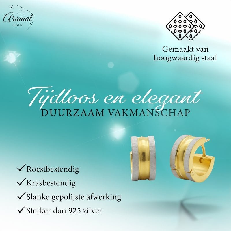 Creolen – Bicolor RVS Mat Zilver/Goud (13x4mm) - Aramat Jewels - Oorringen - cadeautip