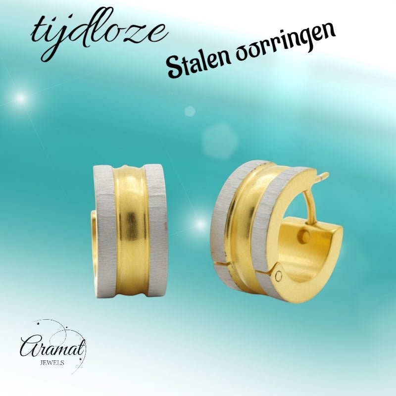 Creolen – Bicolor RVS Mat Zilver/Goud (13x4mm) - Aramat Jewels - Oorringen - cadeautip