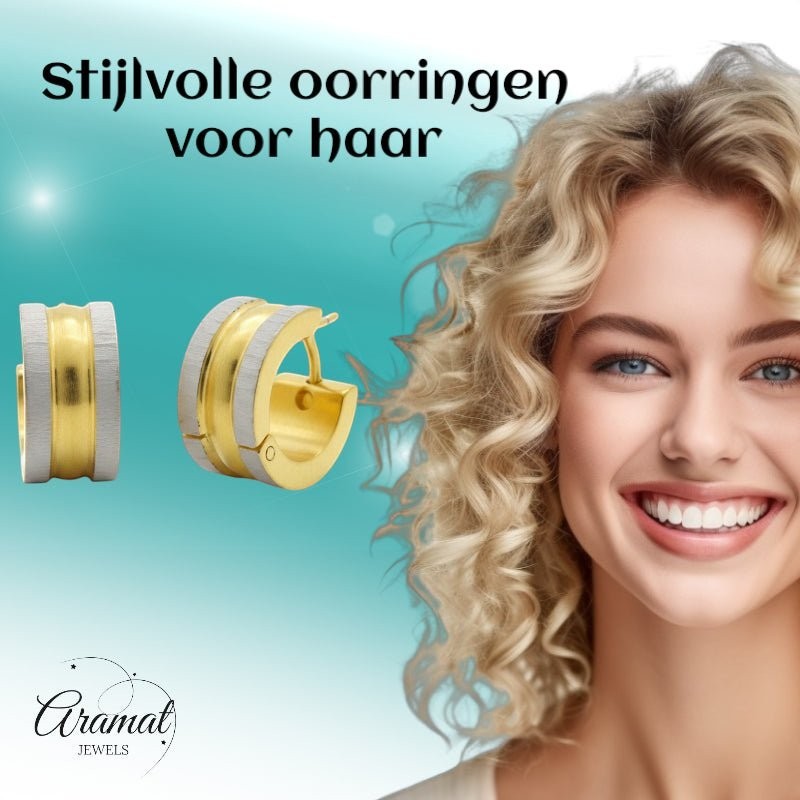 Creolen – Bicolor RVS Mat Zilver/Goud (13x4mm) - Aramat Jewels - Oorringen - cadeautip