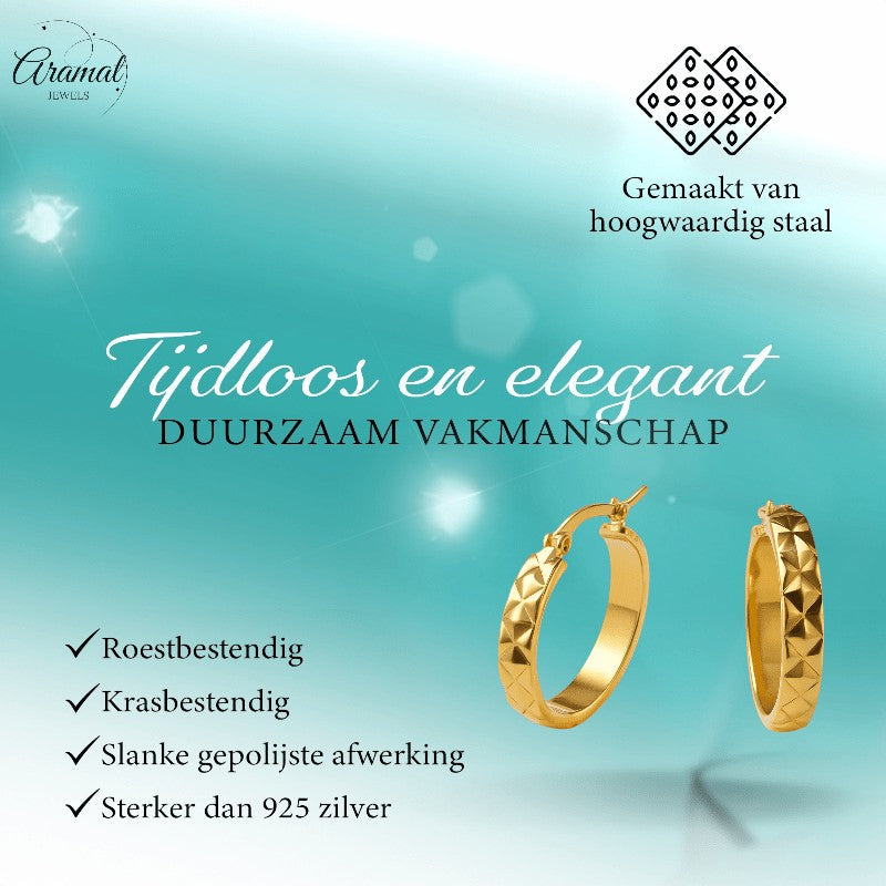 Creolen Ruitjes Goudkleur Staal – 25mm - Aramat Jewels - Oorringen - cadeautip