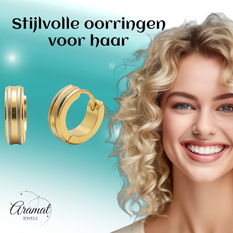 Creolen – RVS Bicolor Mat met Goudkleurige Strepen (13mm) - Aramat Jewels - Oorringen - cadeautip
