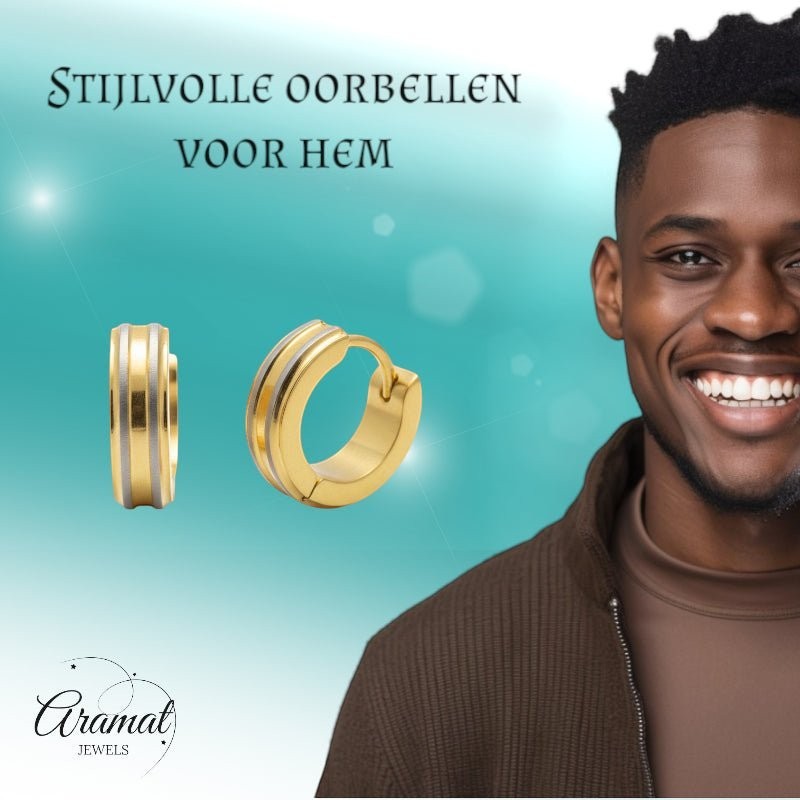 Creolen – RVS Bicolor Mat met Goudkleurige Strepen (13mm) - Aramat Jewels - Oorringen - cadeautip