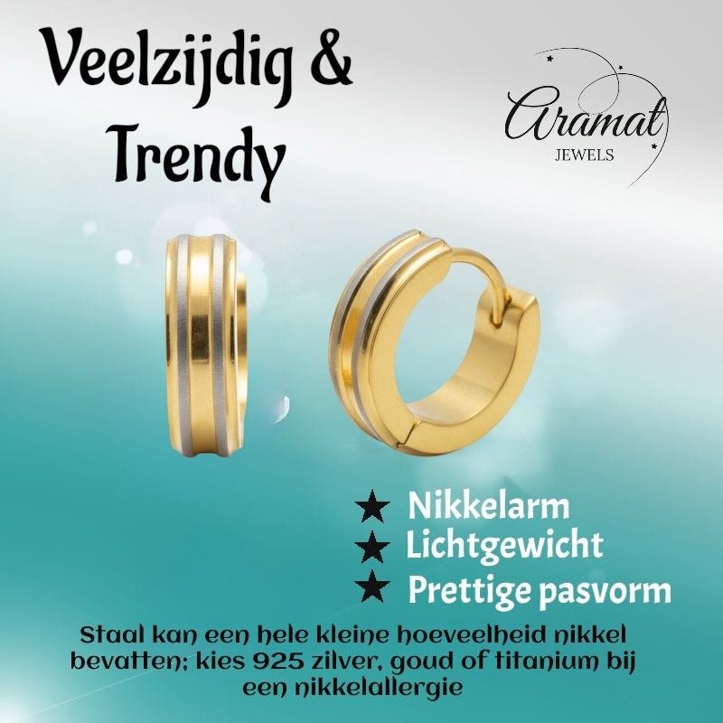 Creolen – RVS Bicolor Mat met Goudkleurige Strepen (13mm) - Aramat Jewels - Oorringen - cadeautip