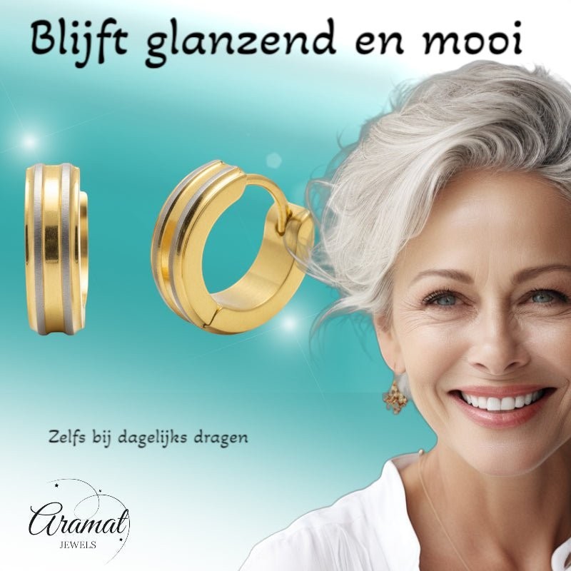 Creolen – RVS Bicolor Mat met Goudkleurige Strepen (13mm) - Aramat Jewels - Oorringen - cadeautip