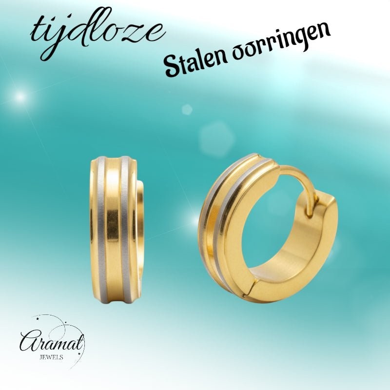 Creolen – RVS Bicolor Mat met Goudkleurige Strepen (13mm) - Aramat Jewels - Oorringen - cadeautip