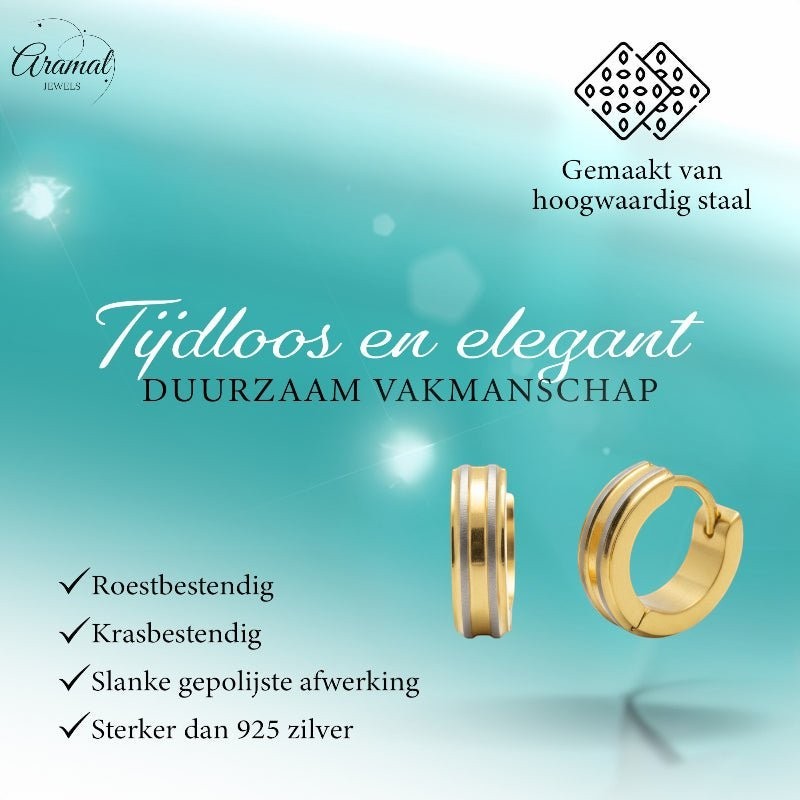Creolen – RVS Bicolor Mat met Goudkleurige Strepen (13mm) - Aramat Jewels - Oorringen - cadeautip