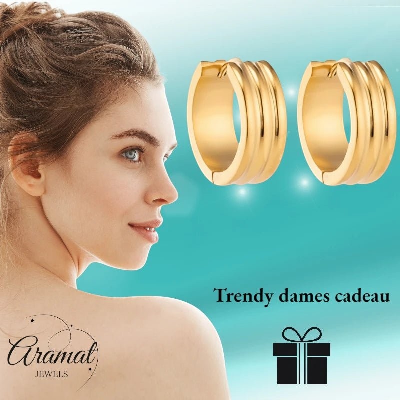 Creolen – RVS Goudkleur met Twee Strepen (13mm of 20mm) - Aramat Jewels - Oorringen - cadeautip