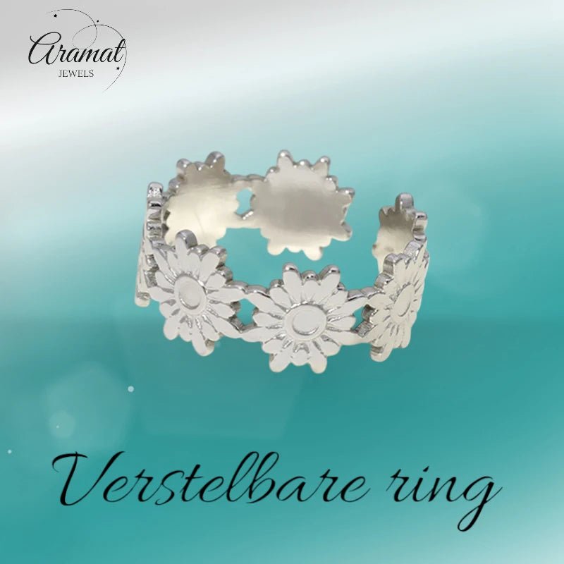 Damesring Verstelbaar – Bloemetjes Schakels – One Size - ring343 - Ringen kopen# - Zilverkleur - alles - cadeau