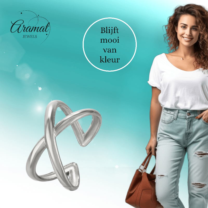 Damesring Verstelbaar – Open Gekruisde Ring – One Size - ring330 - 76739 - Ringen kopen# - Zilverkleur - alles - boho