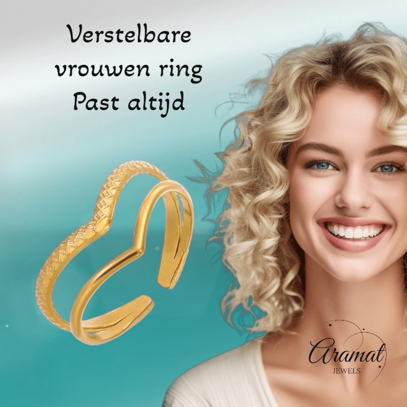 Damesring Verstelbaar - Open Ring 2 Mode Strepen - One Size - ring328 - 58177 - Ringen kopen# - Goudkleur - alles - cadeau