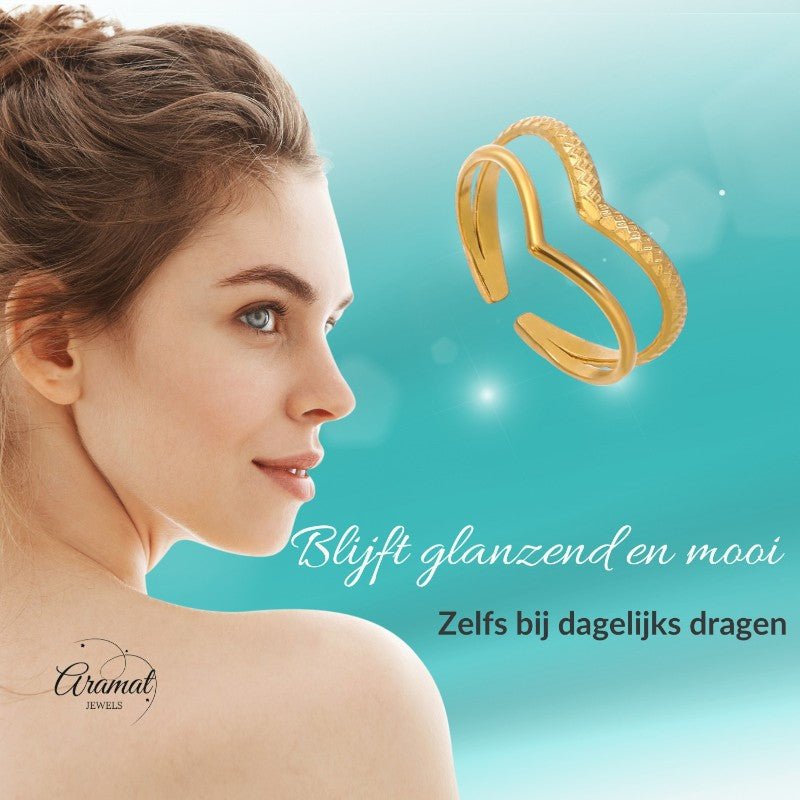 Damesring Verstelbaar - Open Ring 2 Mode Strepen - One Size - ring328 - 58177 - Ringen kopen# - Goudkleur - alles - cadeau