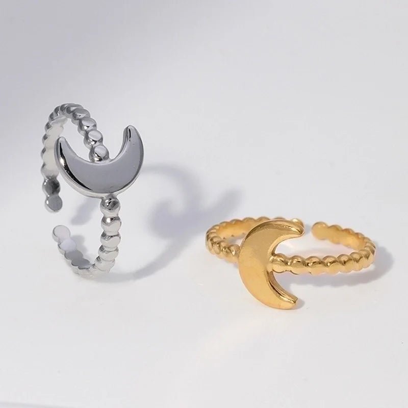 Damesring Verstelbaar – Open Ring met Maantje & Dots – One Size - ring319 - 30348 - Ringen kopen# - Zilverkleur - alles - cadeau