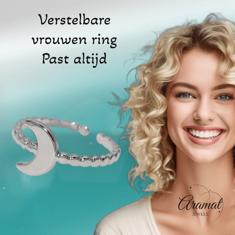 Damesring Verstelbaar – Open Ring met Maantje & Dots – One Size - ring319 - 30348 - Ringen kopen# - Zilverkleur - alles - cadeau