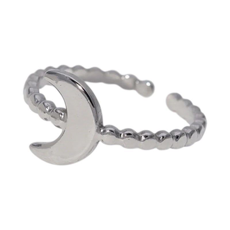 Damesring Verstelbaar – Open Ring met Maantje & Dots – One Size - ring319 - 30348 - Ringen kopen# - Zilverkleur - alles - cadeau