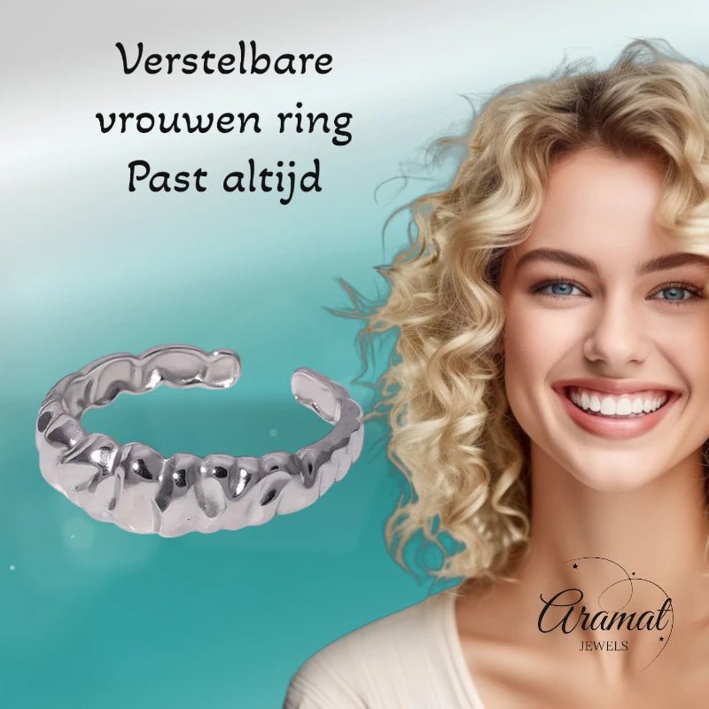 Damesring Verstelbaar – Open Ring met Motief – One Size - ring341 - 73884 - Ringen kopen# - Zilverkleur - alles - boho