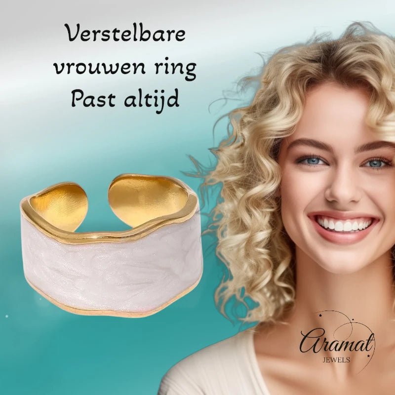 Damesring Verstelbaar – Open Ring met Witte Parelmoer Inlay – One Size - ring309 - 73923 - Ringen kopen