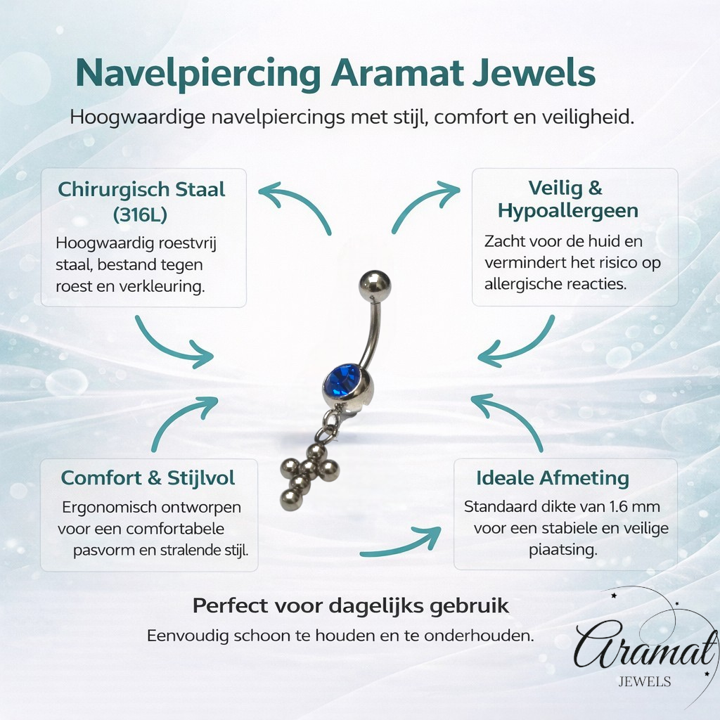 Piercing au nombril en acier bleu profond avec croix
