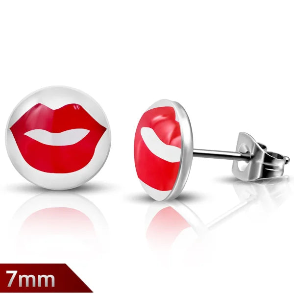 Stoere Stalen Logo Oorknoppen - Trendy Oorbellen 7mm / Mond-rood-wit