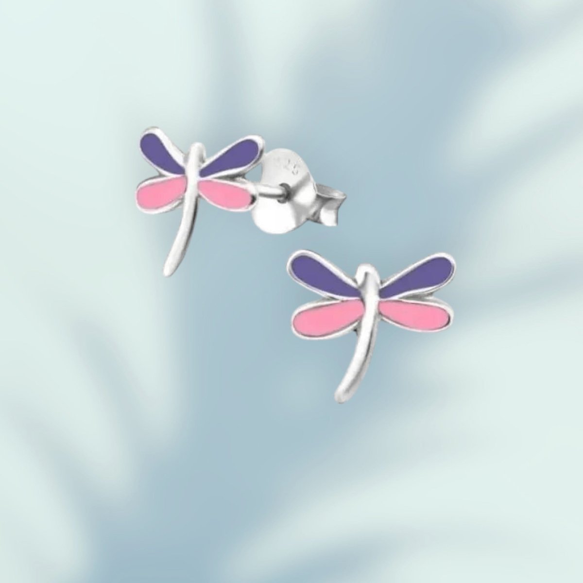 Aramat Jewels sterling silver dragonfly stud earrings with pink and purple enamel wings, 9x8mm.
