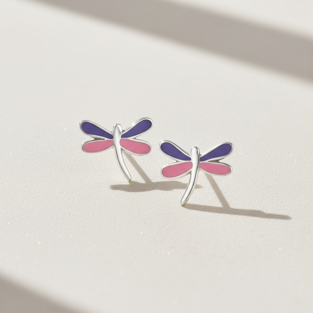 Aramat Jewels sterling silver dragonfly stud earrings with pink and purple enamel wings, 9x8mm.