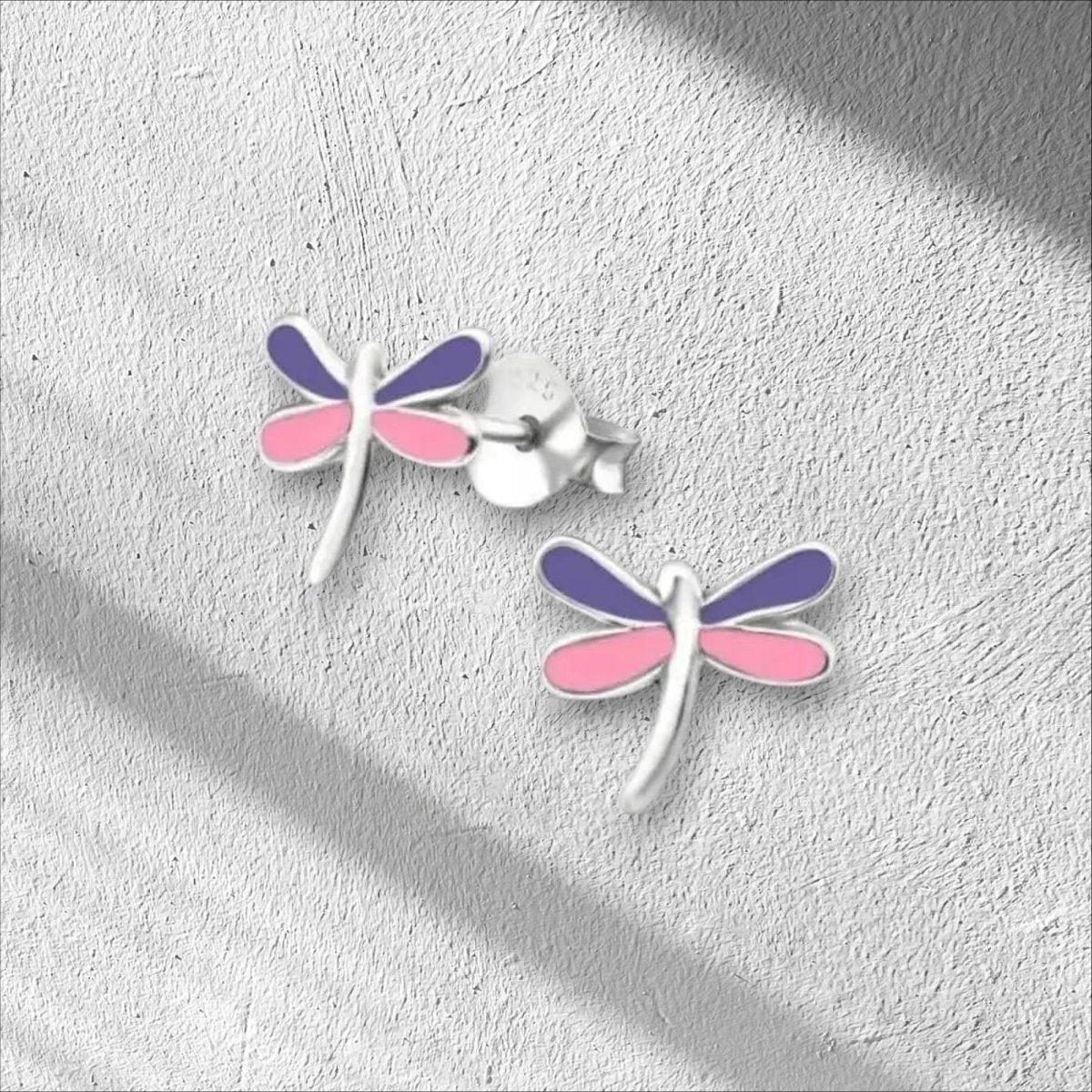 Aramat Jewels sterling silver dragonfly stud earrings with pink and purple enamel wings, 9x8mm.