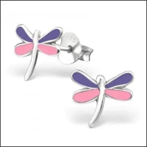 Echt Zilveren Libelle Oorstekers met Roze en Paars Emaille 9x8mm - Aramat Jewels - Oorbellen - cadeautip