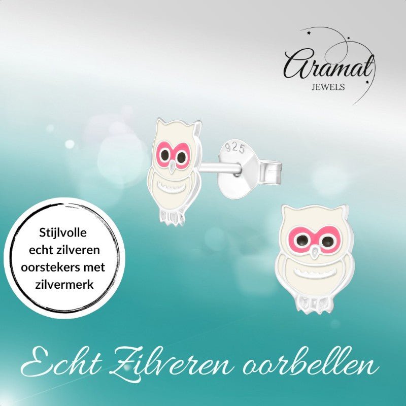 Echt Zilveren Uiltjes Oorbellen - Wit Emaille - Geschenk - oor336 - 35644 - Oorbellen kopen