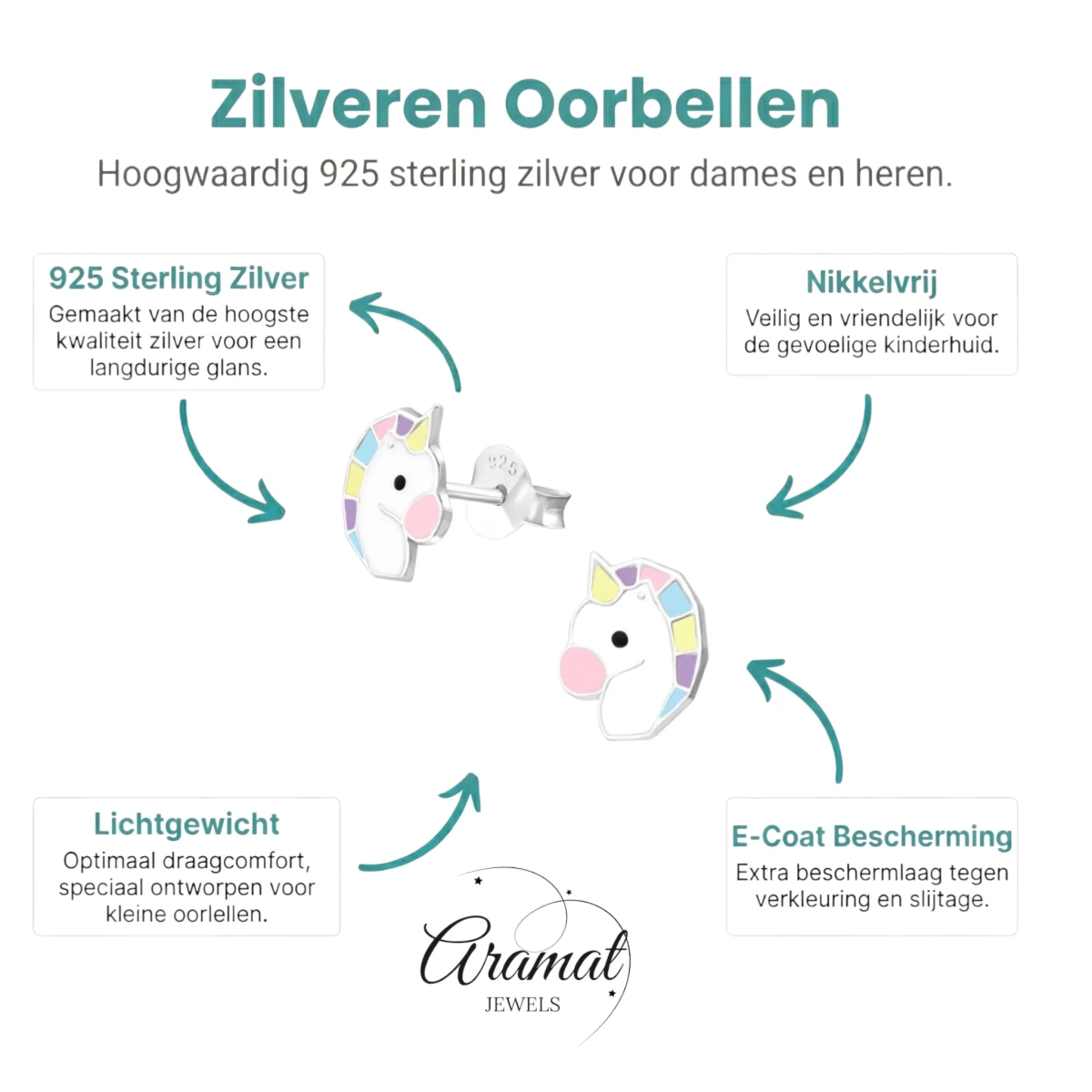 Echt Zilveren Unicorn Oorbellen - Wit & Pastelkleuren - Aramat Jewels - Oorbellen - cadeautip
