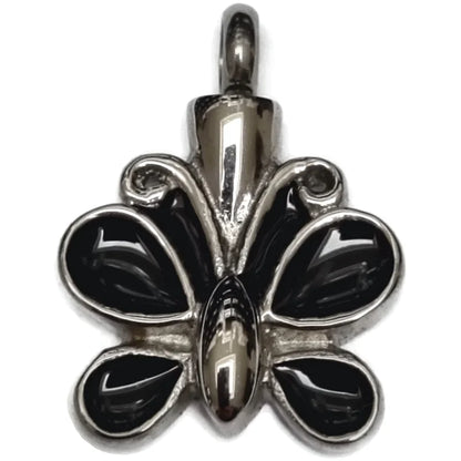 Prachtige Stalen Ashanger Vlinder Met Zwarte En Zilveren Bloembedel.