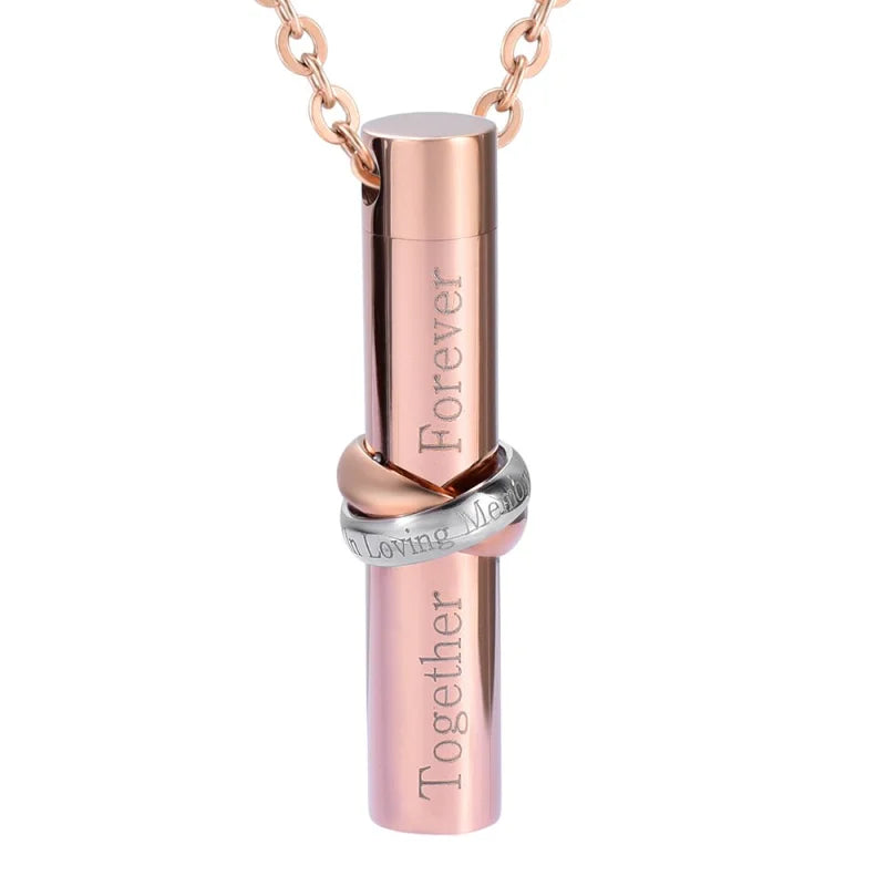 Roze Lipstickflesje Ketting Met Roségouden Ketting - Stalen Cilinder Ashanger Met Asbewaaroptie