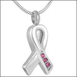 Zilveren Ketting Met Roze Lint En Roze Kristal - Stalen Pink Ribbon Ashanger.