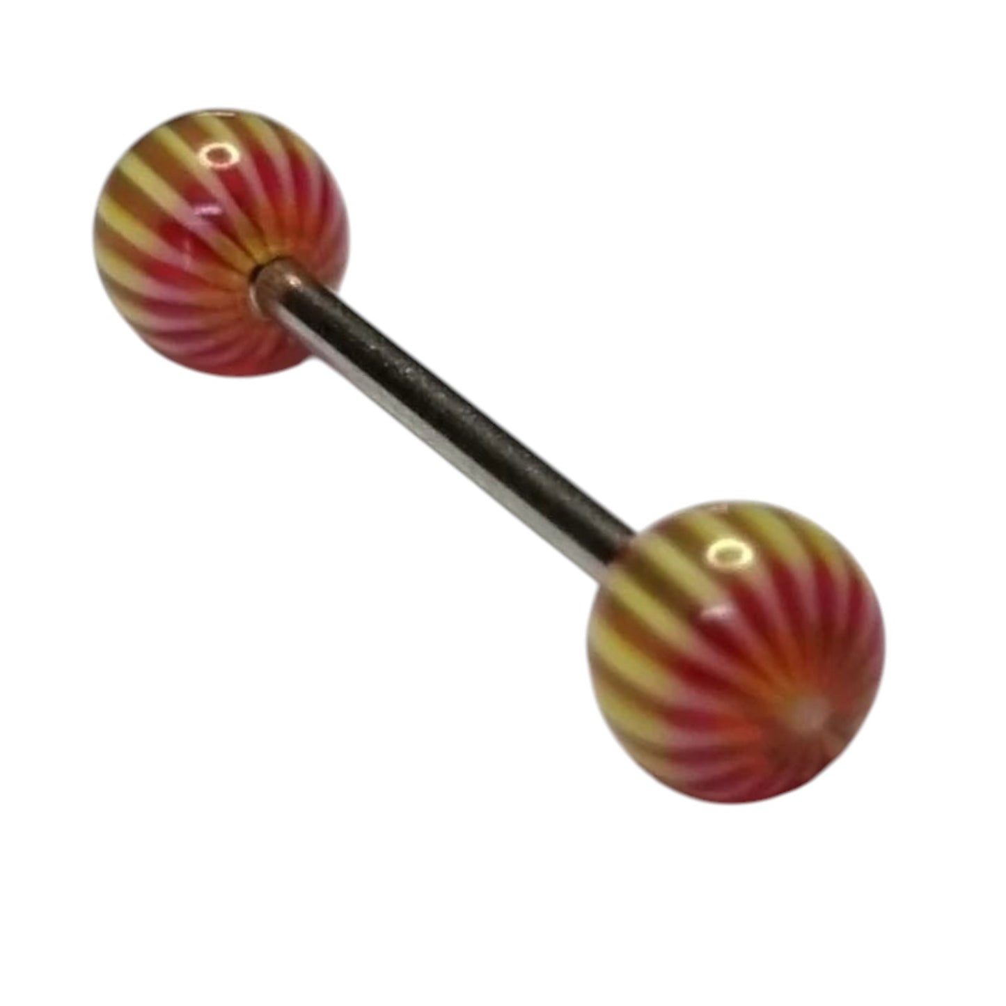 Een paar rood en geel gestreepte glazen bollen